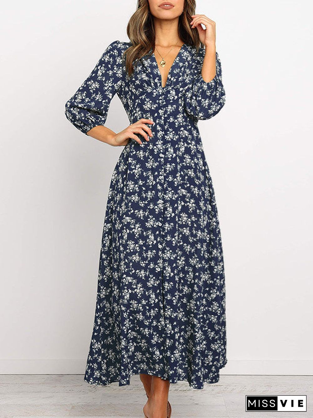 Women's Long Sleeve V-neck Floral Printed Midi Dress