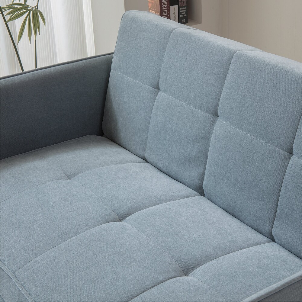 Chenille Fabric Upholstered Pull Out Sofa Bed Convertible Sleeper Loveseat Couch with Adjustable Armrests and Metal Frame