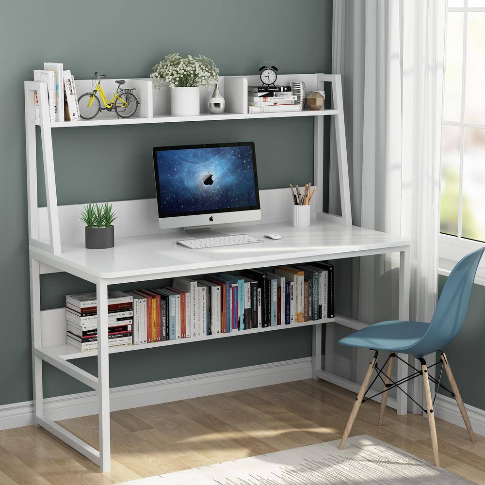 TRIBESIGNS WAY TO ORIGIN Sally 55 in. Rectangular White Metal and Particle Wood Board Top Computer Desk with Monitor Stand and Hutch Bookshelf HD-C0439