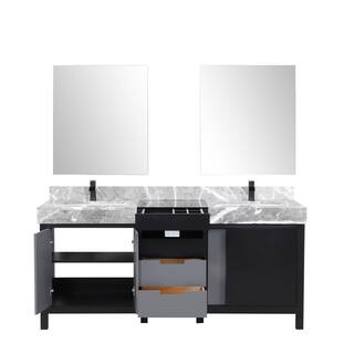 Lexora Zilara 72 in W x 22 in D Black and Grey Double Bath Vanity Castle Grey Marble Top Matte Black Faucet and 28 in Mirrors LZ342272DLISM28FCM