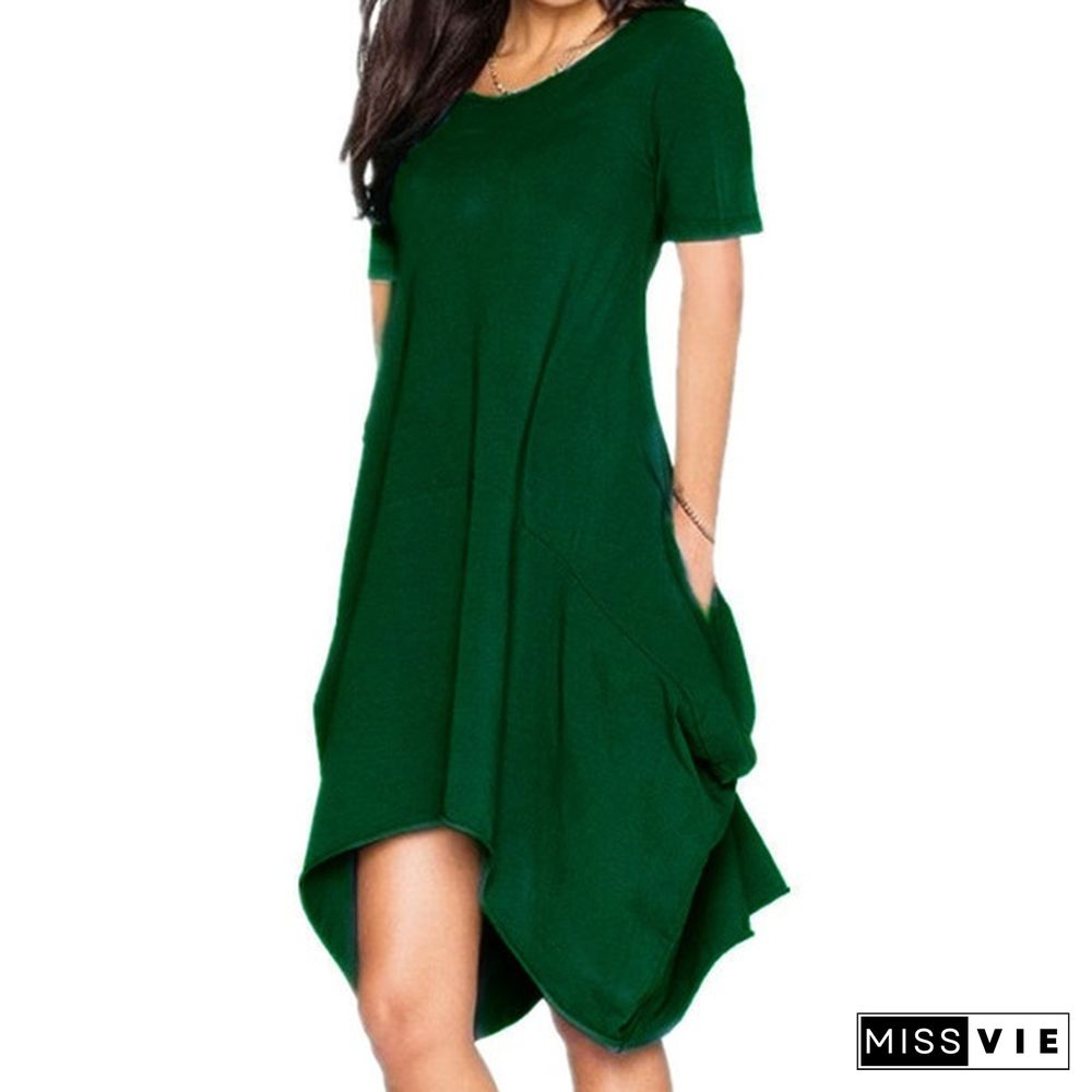 Summer Women's Fashion Solid Color Tunics Irregular T-Shirt Dresses Loose Casual O-Neck Chiffon Short Sleeves Dress Sexy Beach Dress Plus Size Pocket Dress Ruffles Party Mini Dress S-7Xl