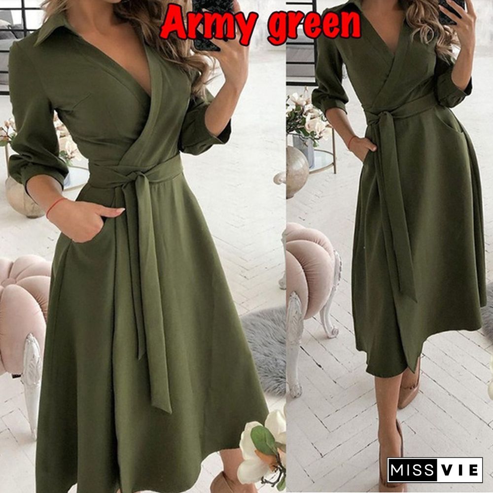 Women Fashion V-neck Print Summer Dress Belt Lace Up Party A Line Prom Dress Long Sleeve Tunic Dress Ladies Casual Dress