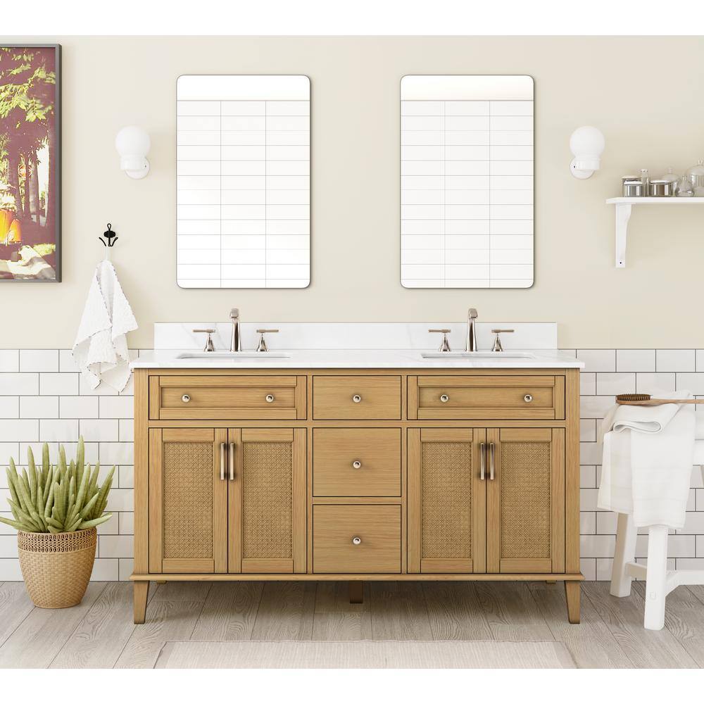 Home Decorators Collection 60in. W x 22 in. D x 34.5 in. H Double Vanity in Natural Oak with Engineered Carrara Marble Top and White Sinks TJ-0237V6022BE