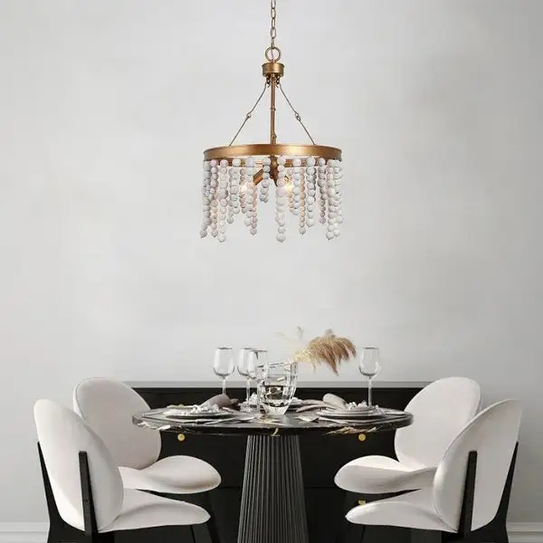 Mid-century Modern 3-light Wood Beads Chandelier Distressed Gold Dimmable Lights - D17