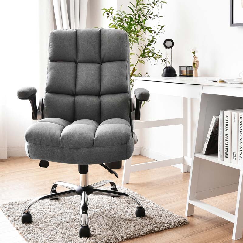 Linen Fabric Thick Padding Big & Tall Executive Office Chair with Flip-up Armrest, Swivel High Back Computer Desk Chair