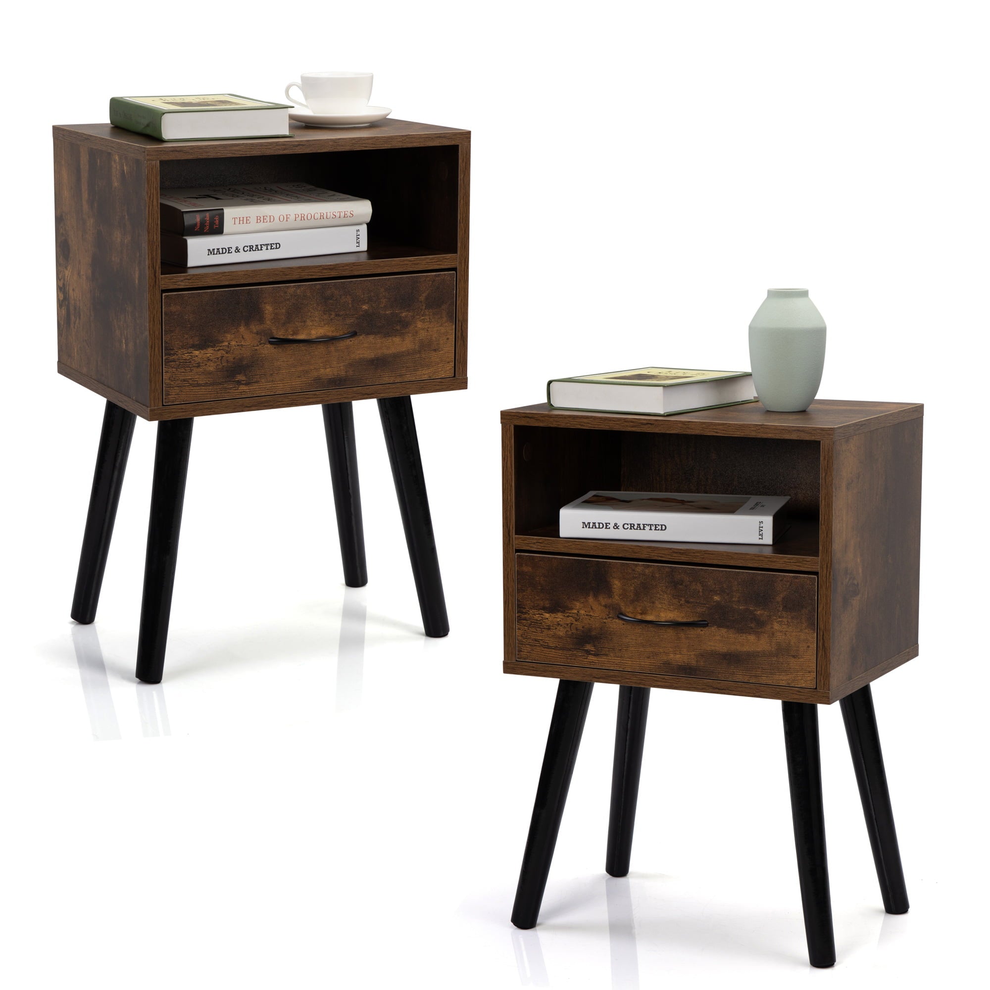 Modern End Tables for Living Room, Simple Side Tables with Storage Drawers for Small Space, Solid Wood Legs Nightstands with Shelf for Bedroom, Nightstands Set of 2, Rustic Brown, D8609