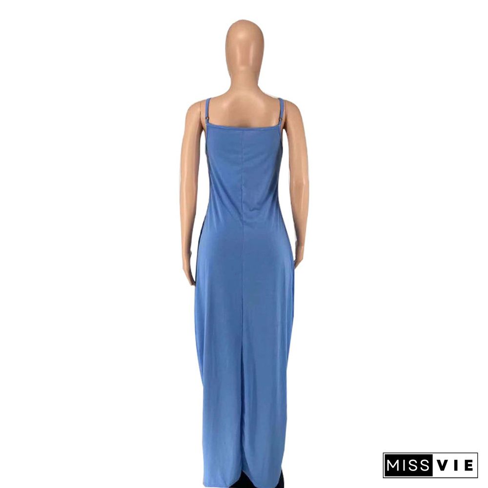 Casual V-neck Pocket Sleeveless Loose Maxi Dress