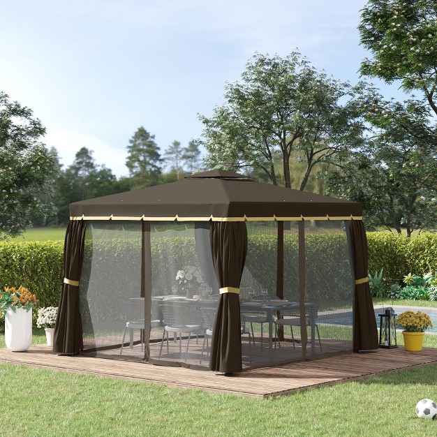 Outsunny 10 x27 X 10 x27 Patio Gazebo Outdoor Canopy Shelter With Double Tier Roof Netting And Curtains For Garden Lawn Backyard And Deck