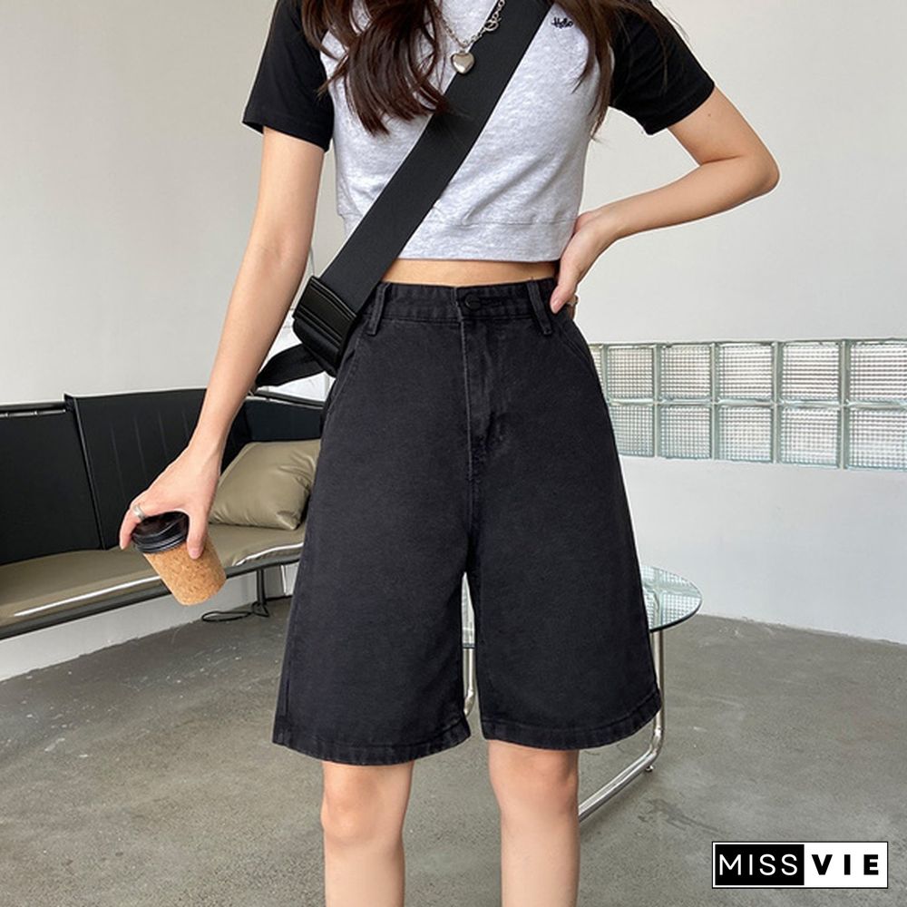 New Summer Women High Waist Wide Leg Black Denim Shorts Casual Female Loose Straight Button Jeans Bermuda Shorts