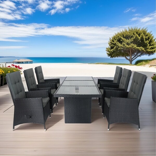 Black 7Piece Outdoor Patio Wicker Dining Set With Adjustable Backrest and Cushion