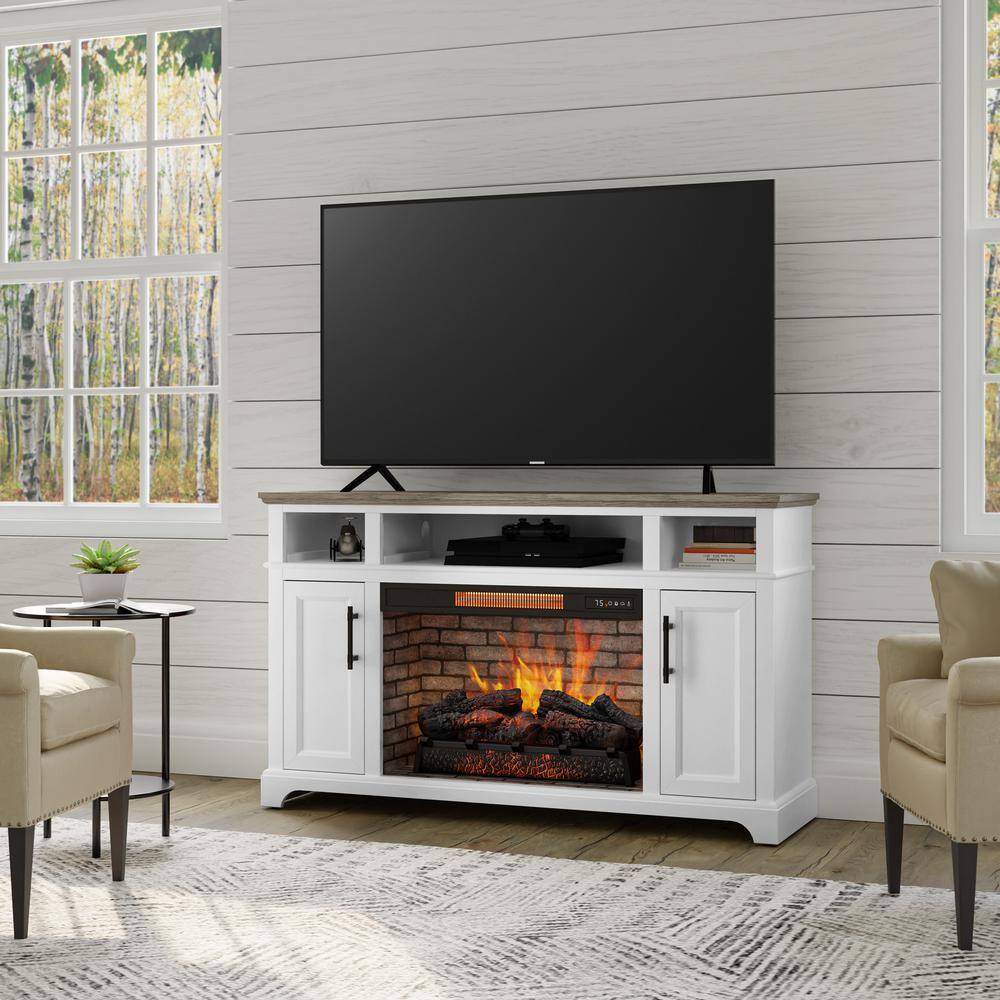 Home Decorators Collection Hillrose 52 in. Freestanding Electric Fireplace TV Stand in White with Rustic Taupe Oak Top 2240FM-26-201