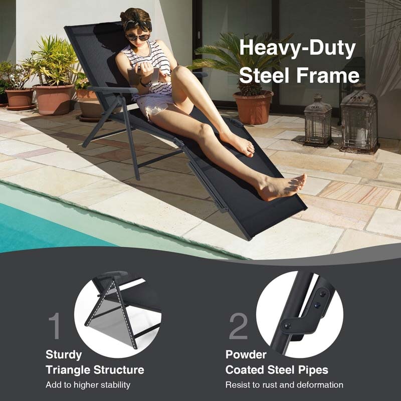 2 Pcs Folding Chaise Lounge Chair with 5-Position Backrest & 2-Position Footrest, Fabric Seat Sun Lounger for Pool Deck Beach