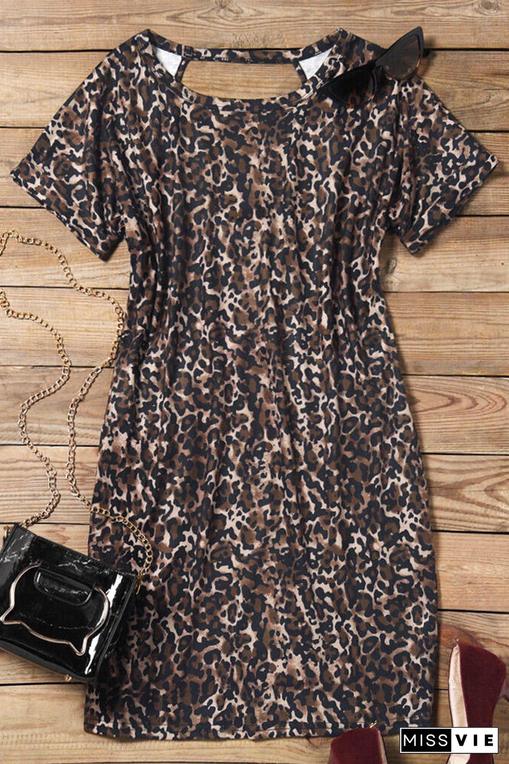 Leopard Short Sleeve Backless Pocketed Mini Dress