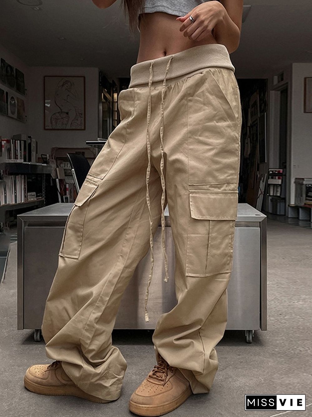 Turned Waist Drawstring Pocket Cargo Pants