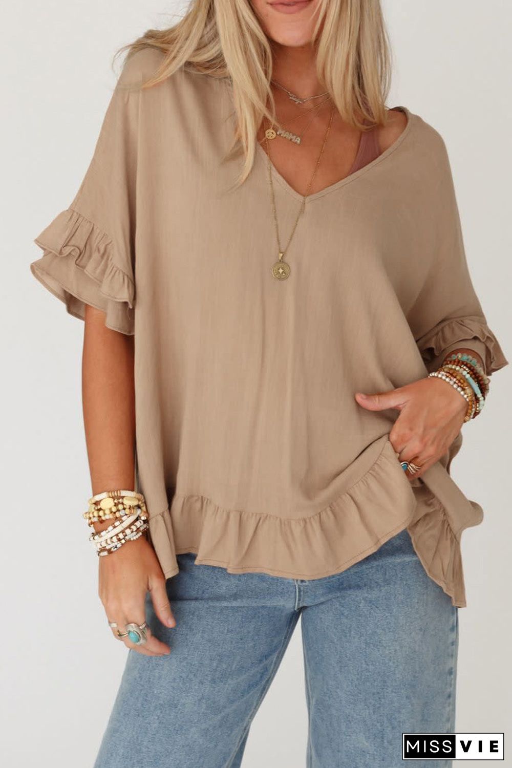 Light French Beige Loose Ruffled V Neck Blouse