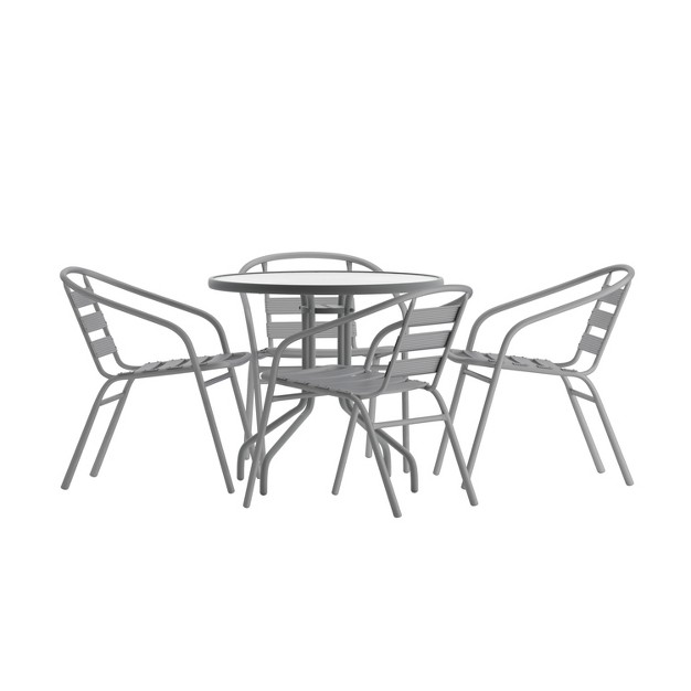 Flash Furniture Lila 31 5 x27 x27 Round Glass Metal Table With 4 Metal Aluminum Slat Stack Chairs