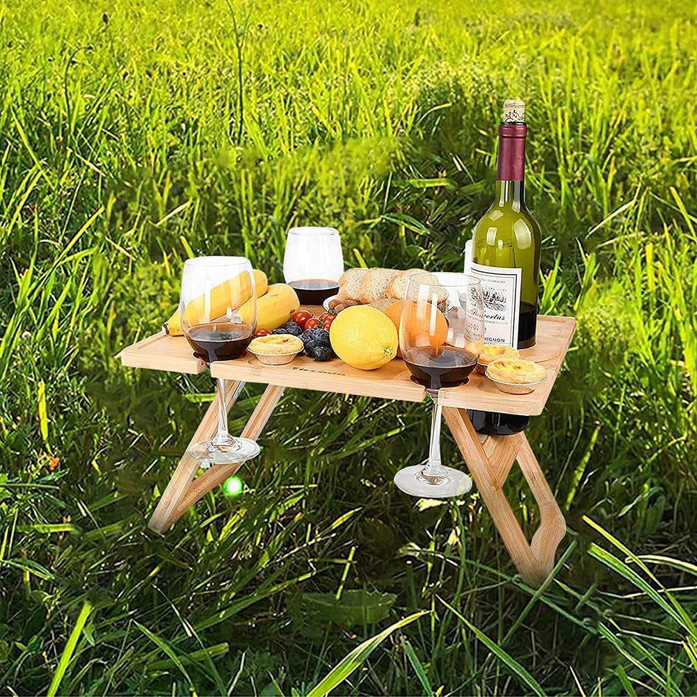 Foldable Outdoor Picnic Table Portable Bamboo Wine Picnic Table Snack Table， Date Idea Table， Wine Picnic Table with Bottle and Glass Holder， Lightweight Portable Picnic Table， Bed Breakfast Table