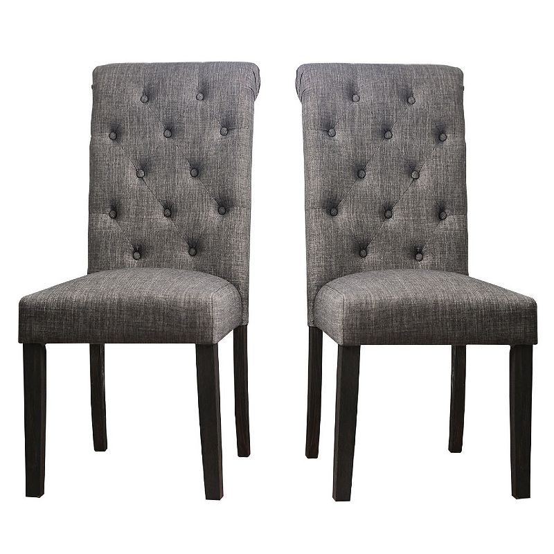 27 Inch Fabric Dining Chair， Button Tufted Rolled Back， Wood， Gray