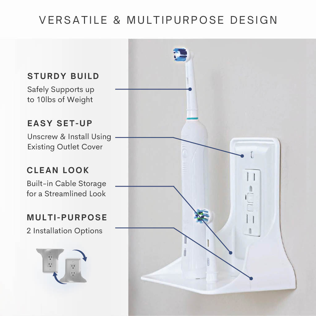 Power Perch Outlet Shelf - Use Existing Outlet to Create a Shelf - Cord Management - Easy Installation - White - 1PK