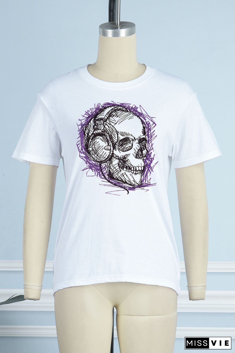 White Daily Vintage Print Skull Patchwork O Neck T-Shirts