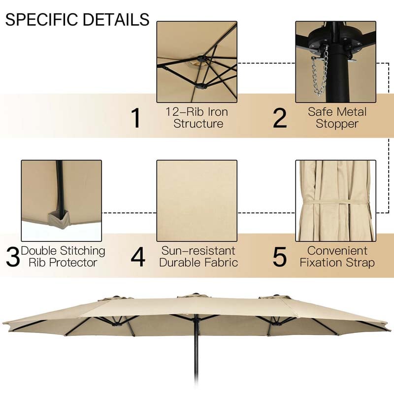 15FT Double-Sided Twin Patio Umbrella with Base & Crank System, Extra-Large Cantilever Market Umbrella