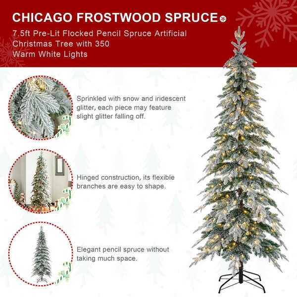 Glitzhome PreLit Flocked Pencil Spruce Artificial Christmas Tree with Warm White Lights