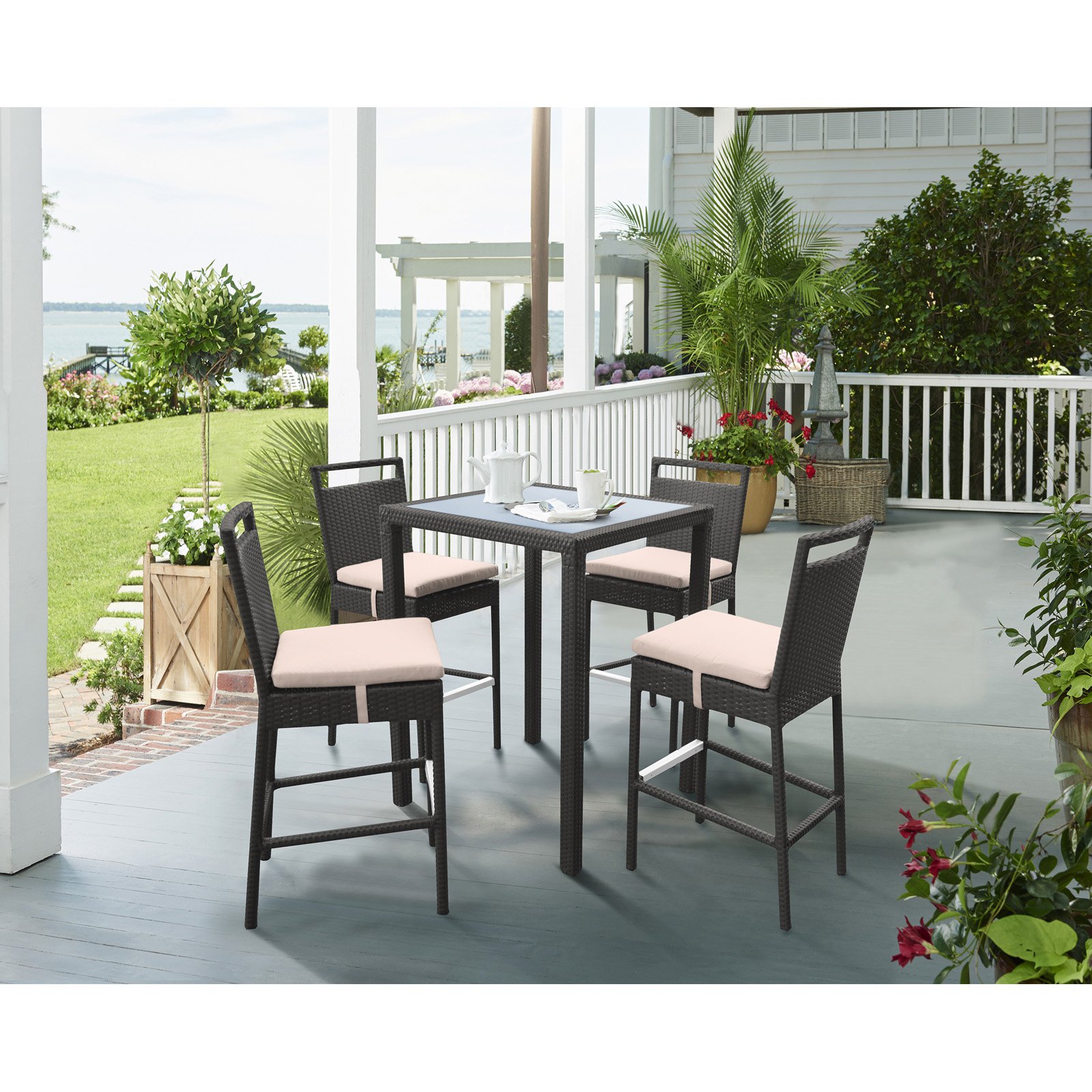 Armen Living Tropez Outdoor Patio Wickerandnbsp;Bar Set (Table with 4 barstools)