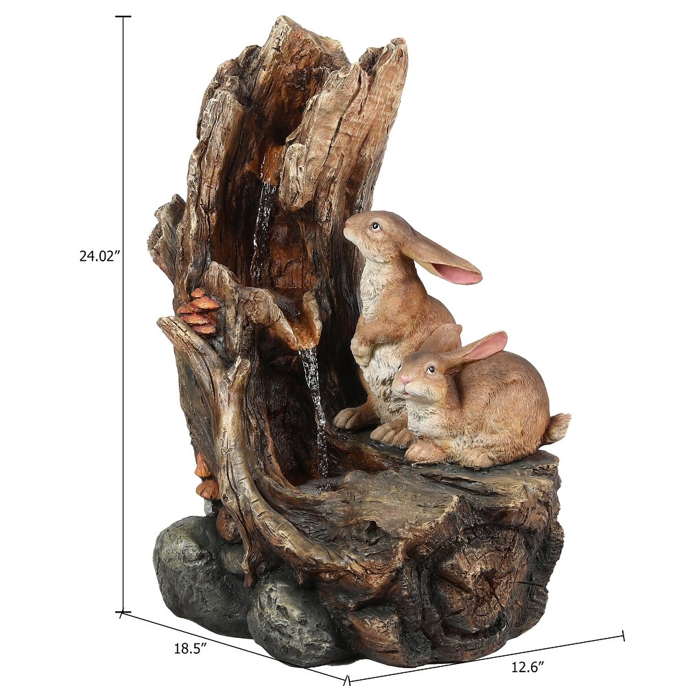 Resin Two Bunnies Tree Stump Outdoor Fountain with LED Lights