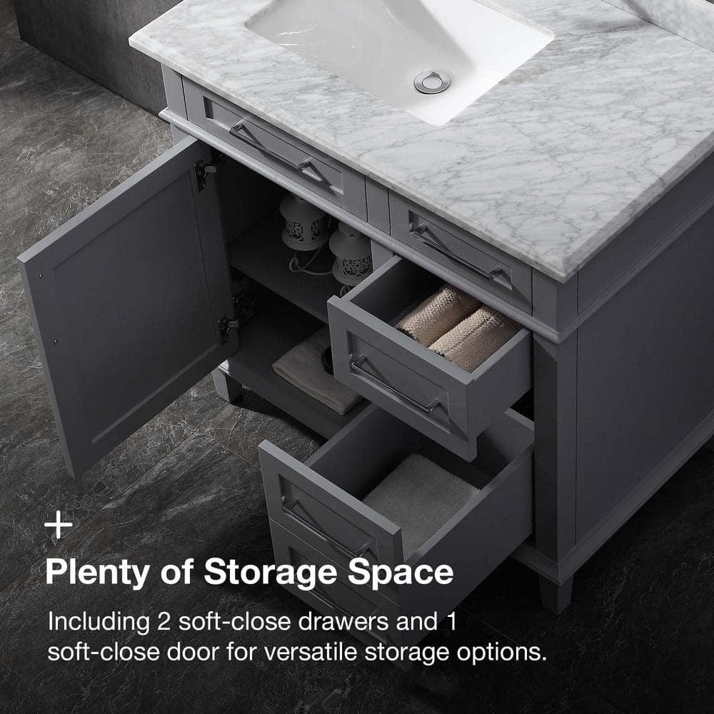 Home Decorators Collection Sonoma 36 in W x 221 in D x 343 in H Freestanding Bath Vanity in Pebble Gray with Carrara Marble Marble Top