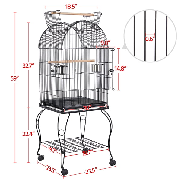 SMILE MART Metal Rolling Bird Cage with 2 Feeders and 2 Wooden Perches， Black