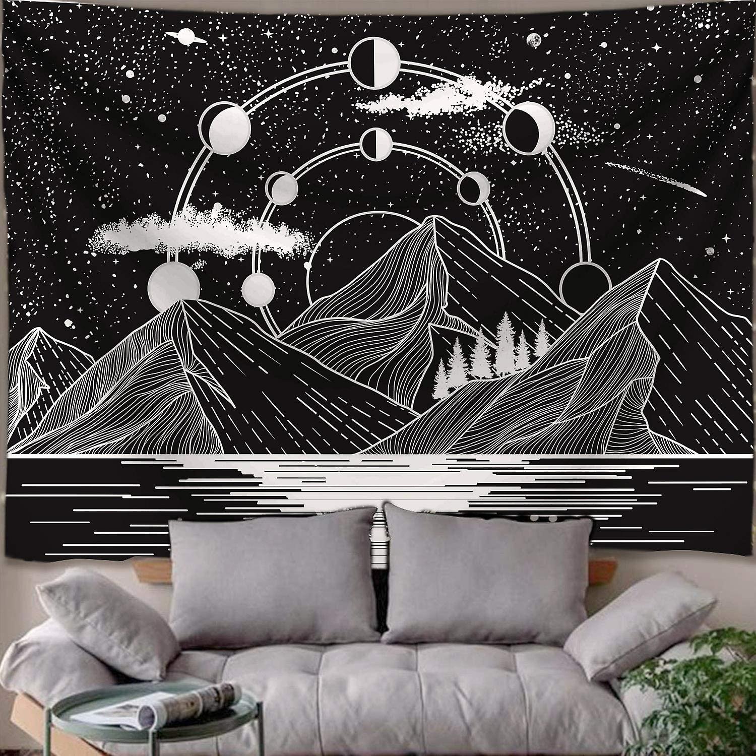 Mountain Moon Tapestry Stars River Black And White Art Tapestry Wall Hanging Home Decor (60