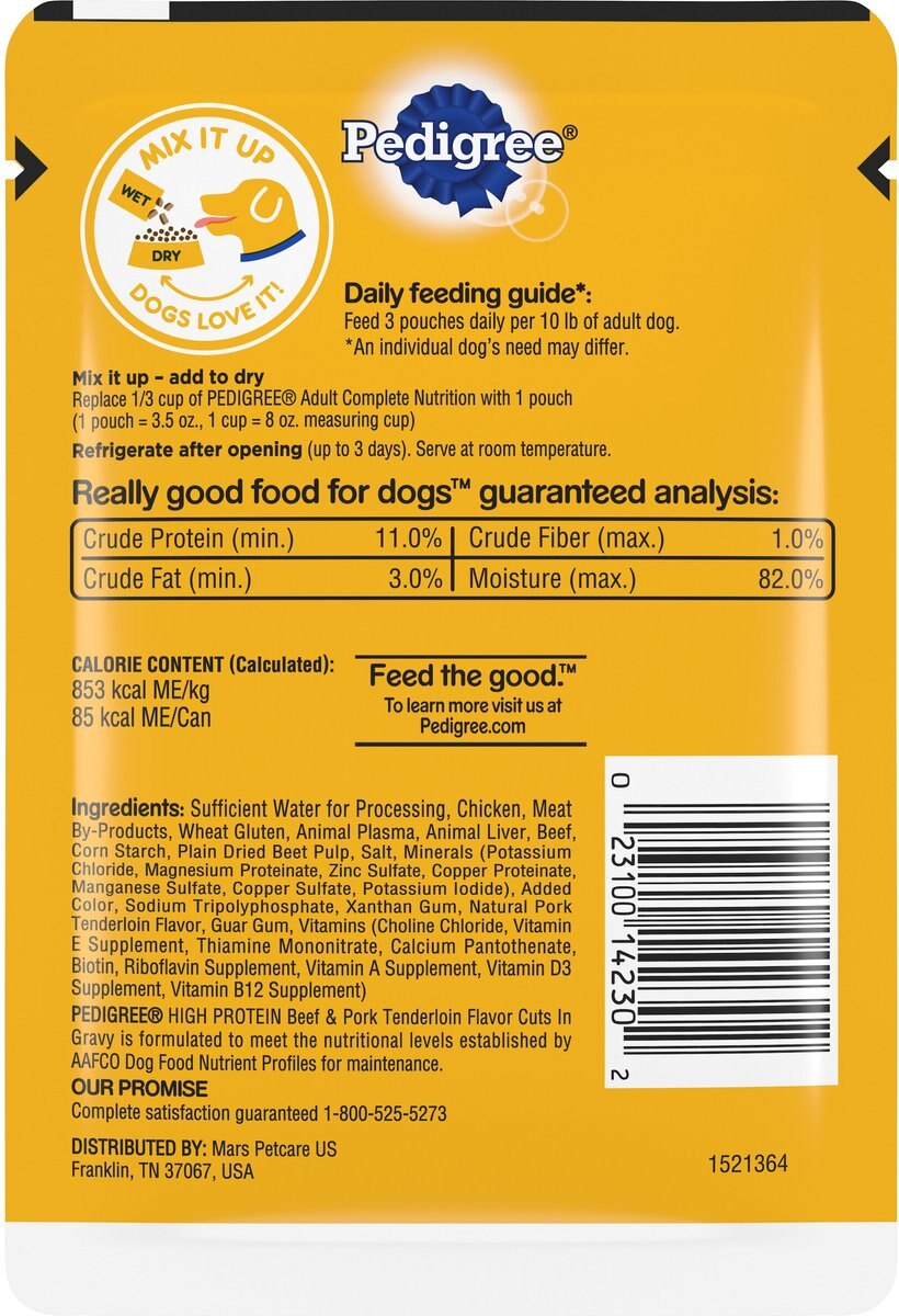 Pedigree High Protein Beef and Pork Tenderloin Flavor Cuts in Gravy Dog Wet Food Pouches， 3.5-oz. pouches， 16 count