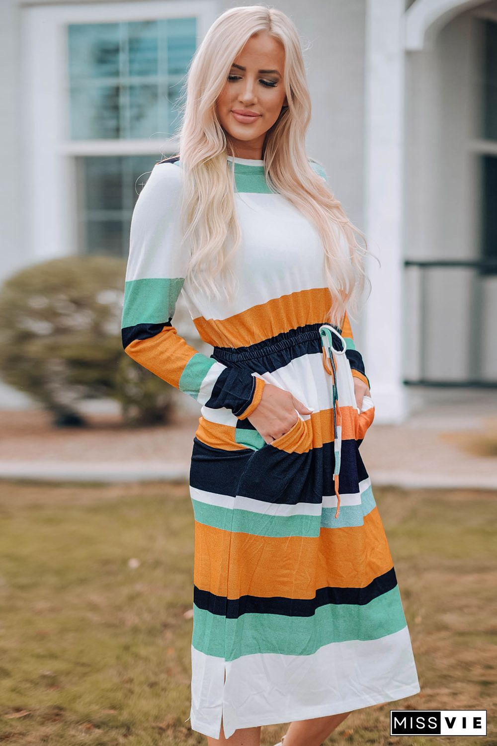 Green Multicolor Block Drawstring Waist Long Sleeve Midi Dress