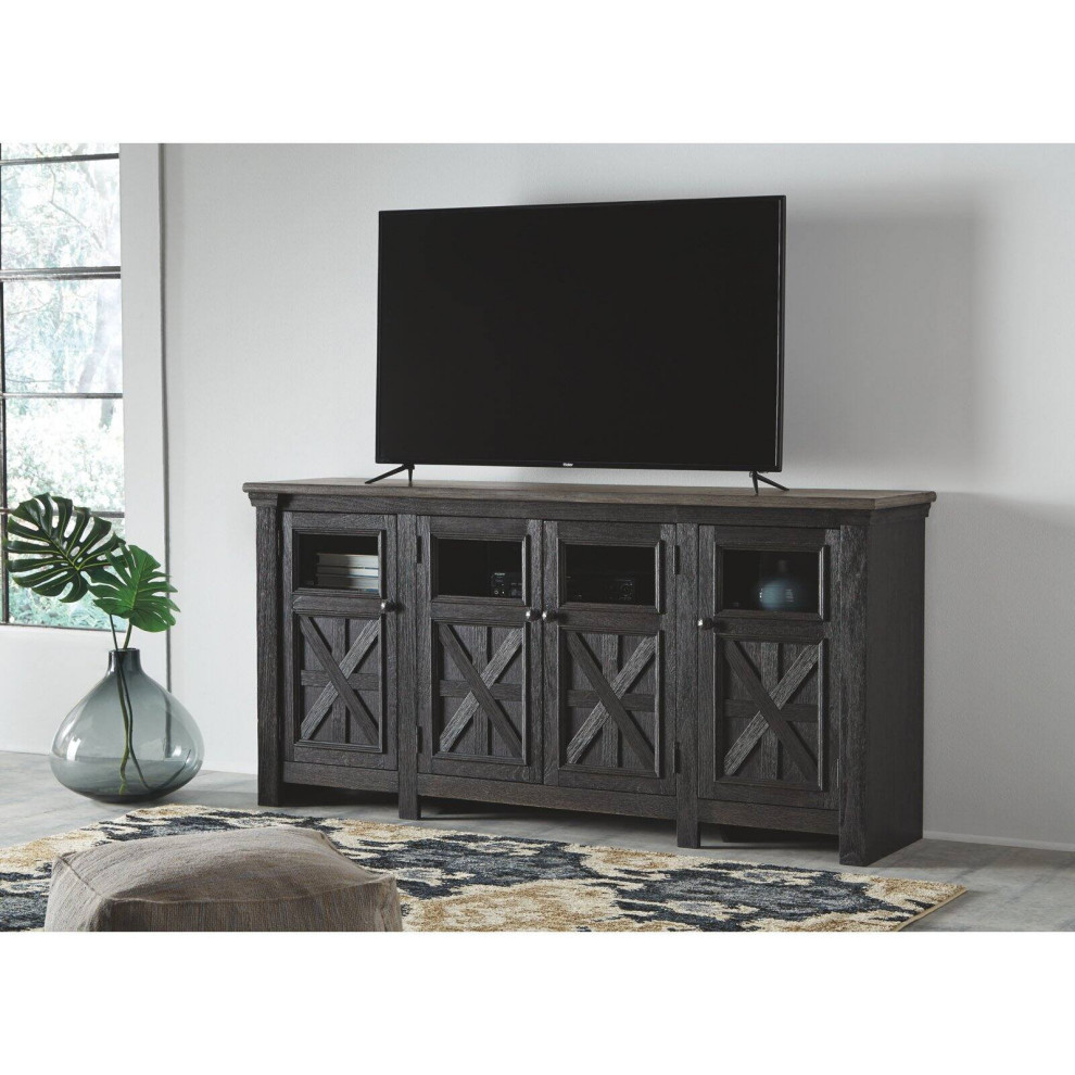 Farmhouse TV Console  Cross Buck Doors With Glass Panels  Weathered Gray/Brown   Farmhouse   Entertainment Centers And Tv Stands   by Declusia  Houzz