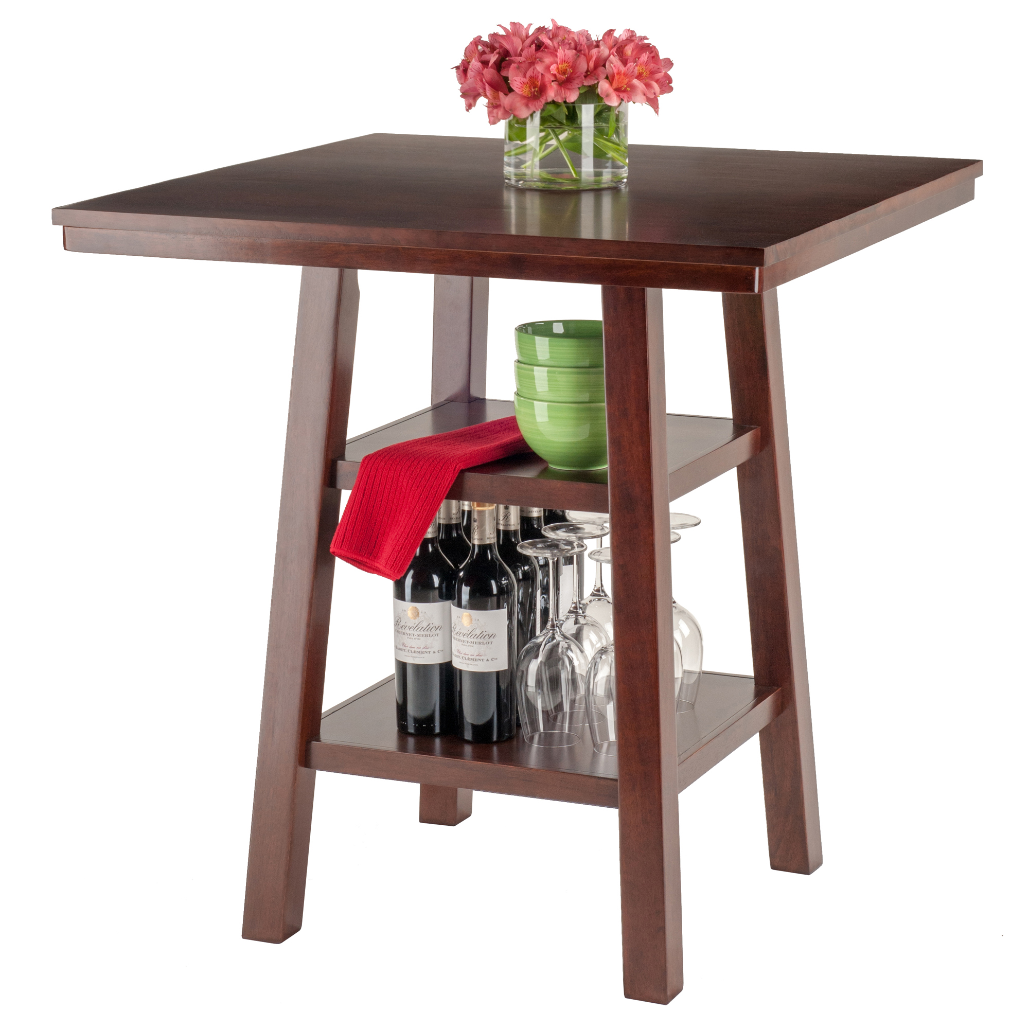 Winsome Wood Orlando 3-Pc Set， High Table with 2 Shelves and 2 V-Back Counter Stools， Walnut Finish