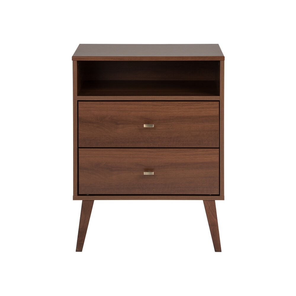 Prepac Milo Mid Century Modern 2 Drawer Nightstand with Open Shelf  Bedside Table  Contemporary Bedroom Furniture