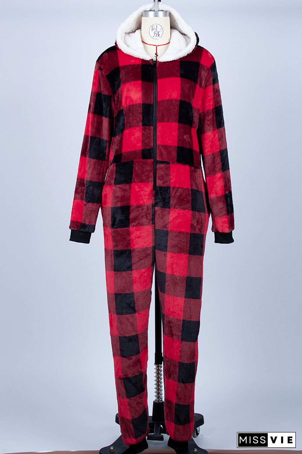 Red Buffalo Plaid Hooded Flannel Jumpsuit