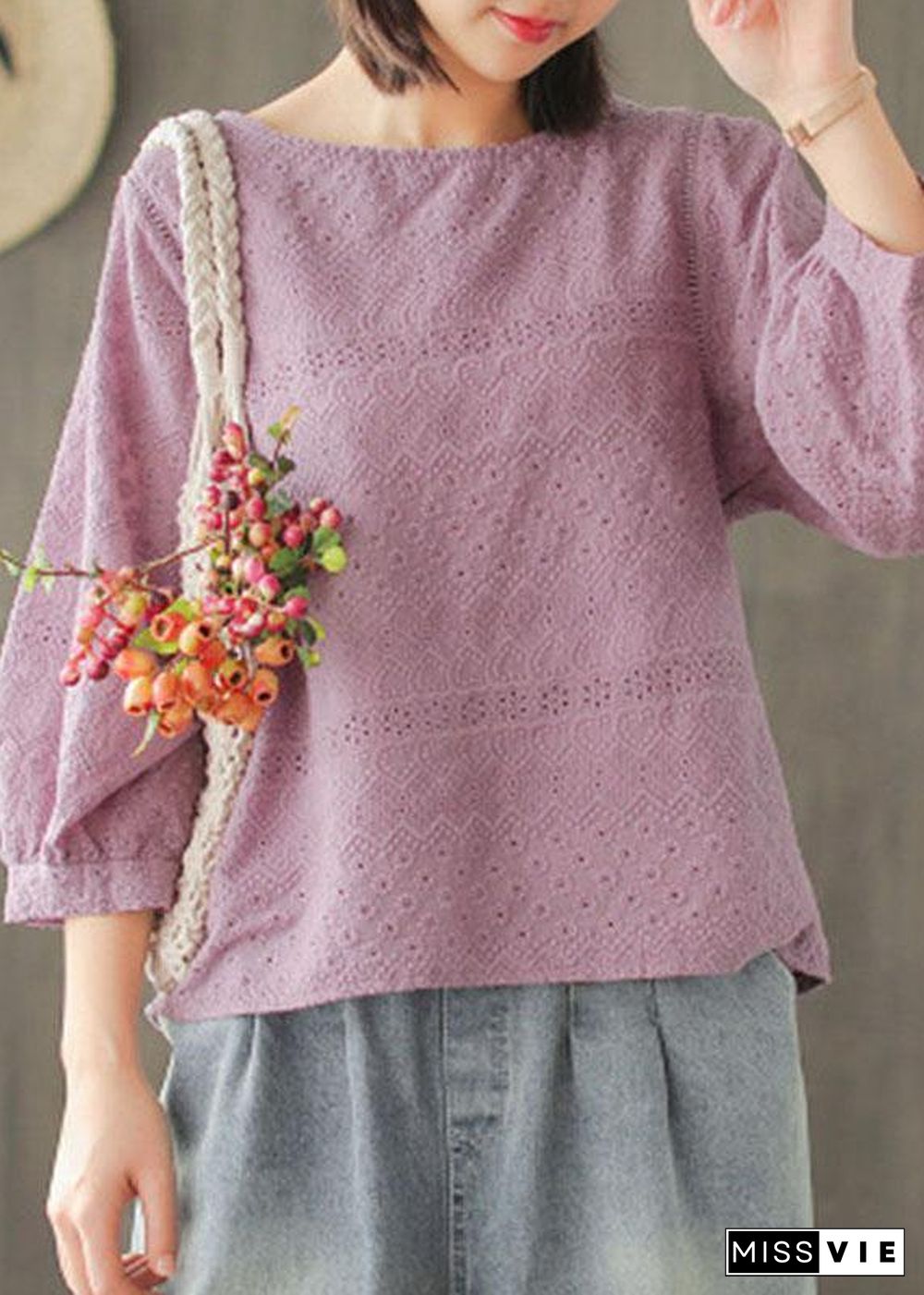 Women Purple Embroideried Lantern sleeve Asymmetrical design Cotton Blouse Top Summer