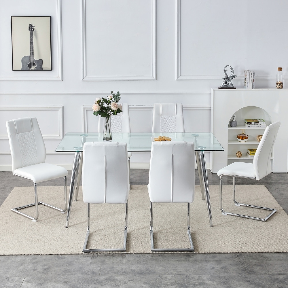 5 PCS Dining Table Set Table and Chair Set w 1 Table and 8 Chairs Glass Table Top Metal Table Legs