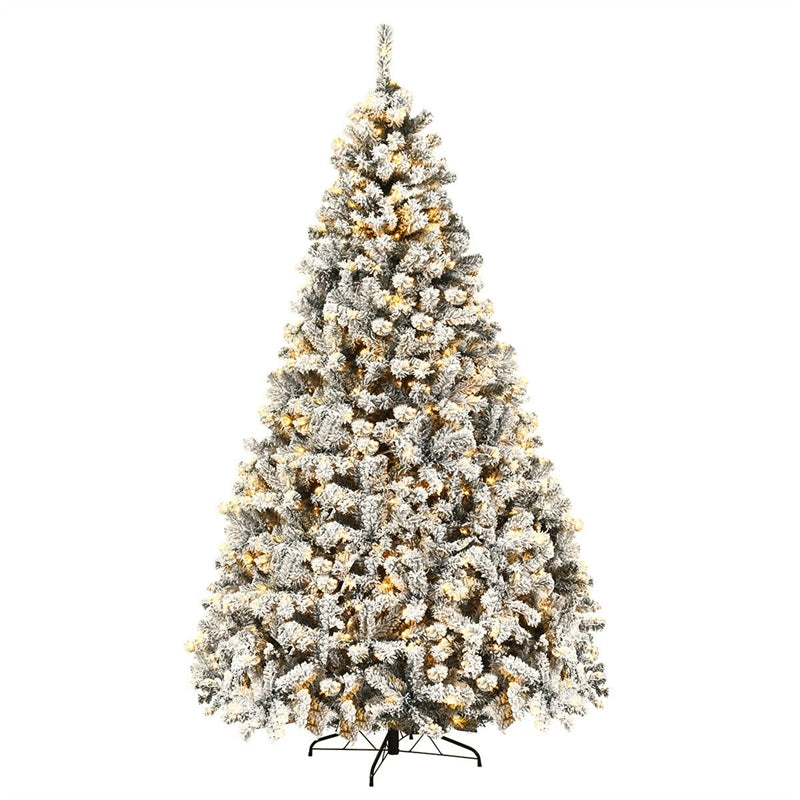 6/7.5/9FT Pre-Lit Hinged Artificial Christmas Tree, Premium PVC Snow Flocked Pine Tree with Metal Stand