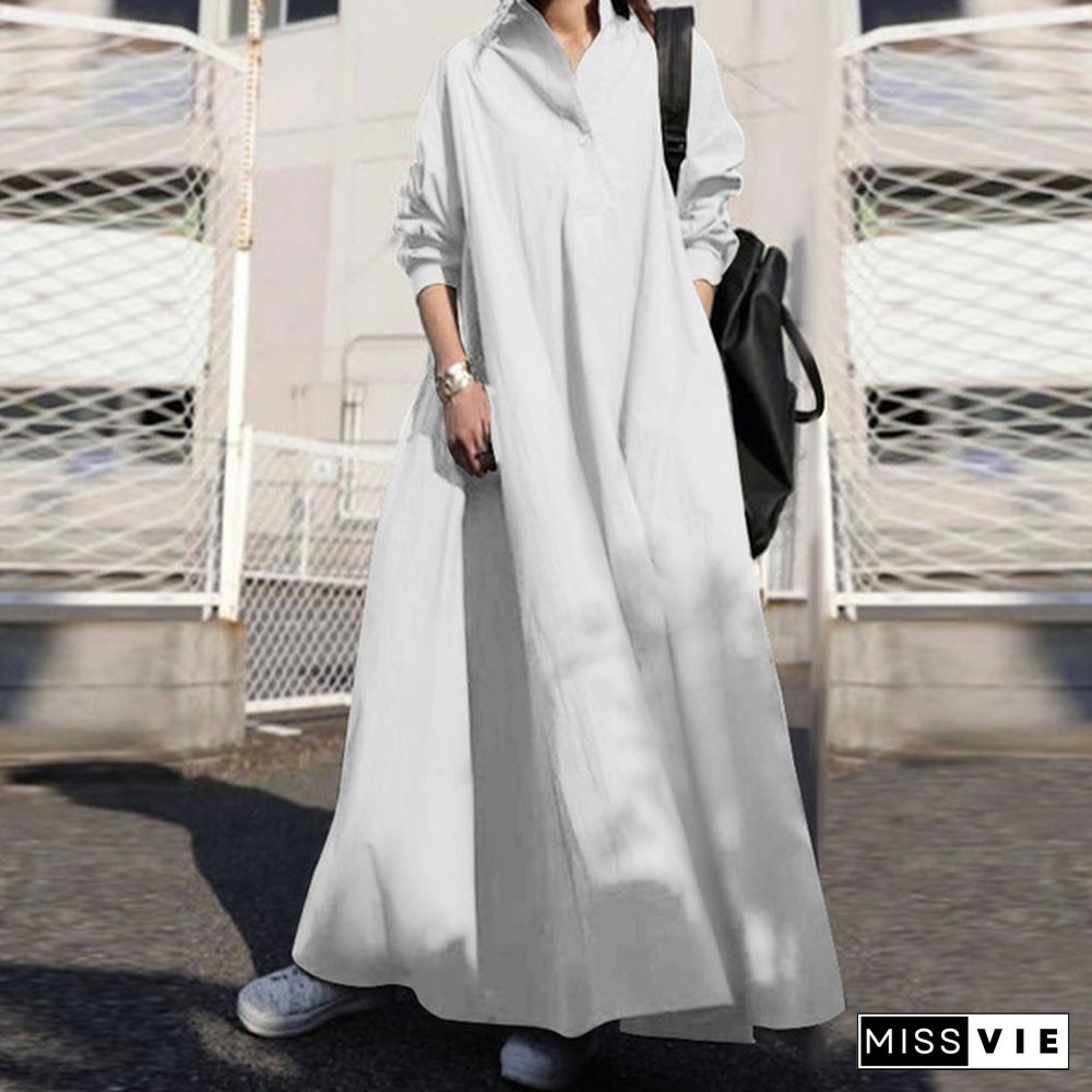 Women Turn-down Collar Long Sleeve Shirt Dress Loose Plain Maxi Blouse Dresses