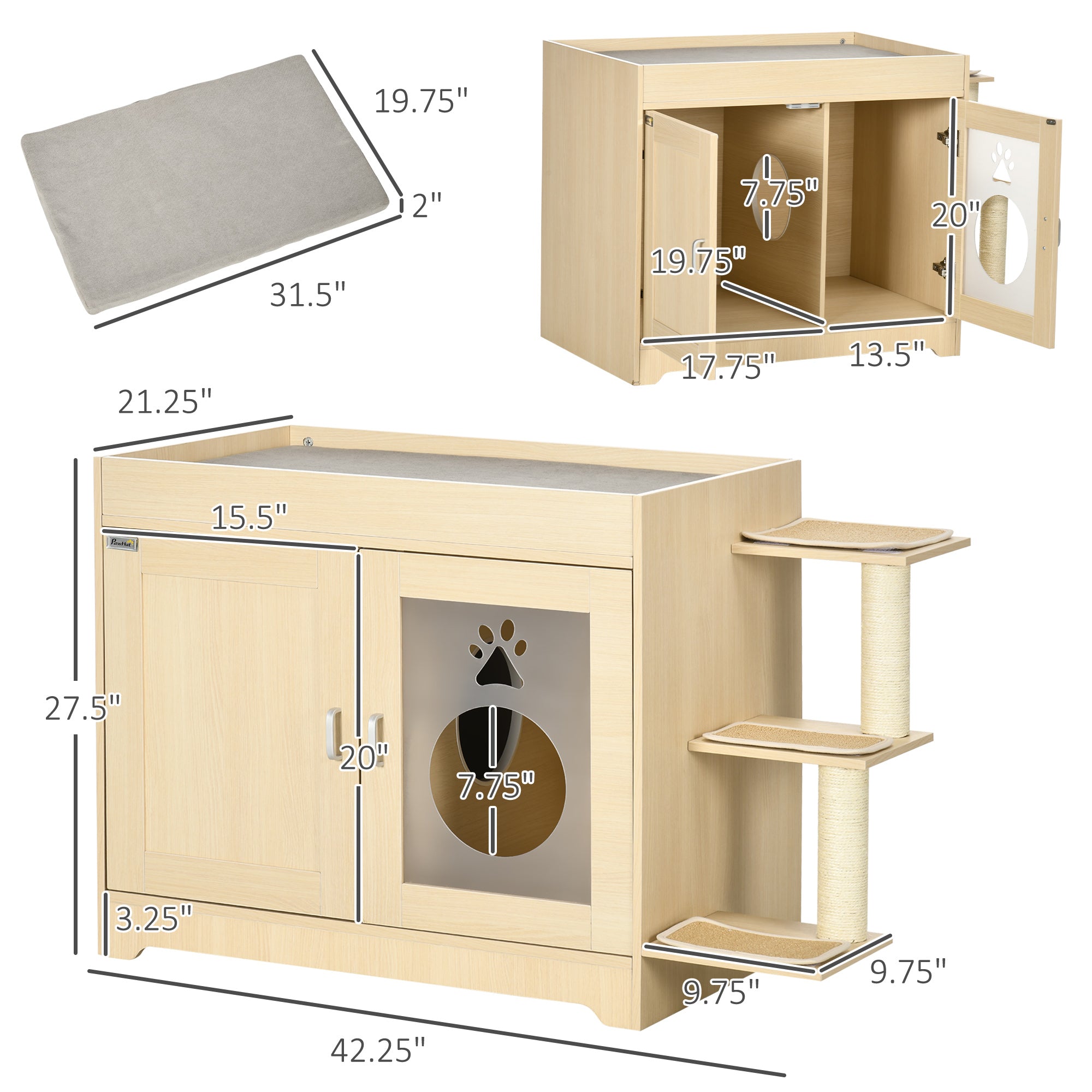 PawHut 3-in-1 Cat Litter Box Enclosure and Elevated Cat Bed Tree with Scratching Posts for Large and Small Kitties， Hidden Cat Litter Cabinet with Double Doors， Soft Cushion