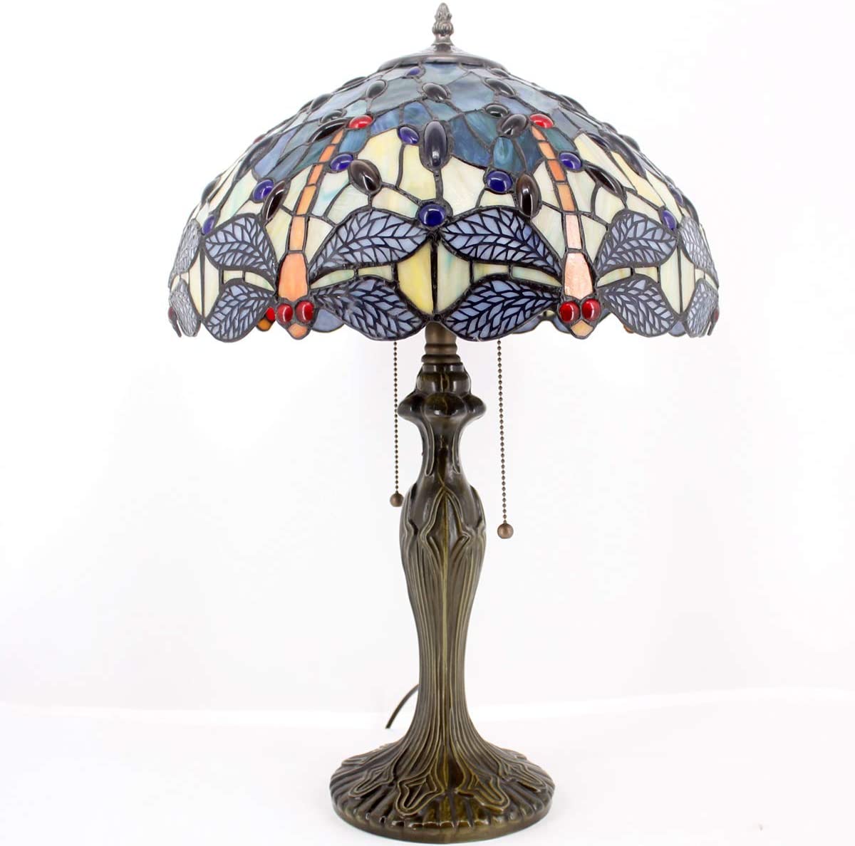 GEDUBIUBOO Tiffany Lamp Stained Glass Bedside Table Lamp Navy Blue Yellow Turquoise Dragonfly 16X16X24 Inch Desk Light Metal Base Decor Bedroom Living Room  Office S128 Series