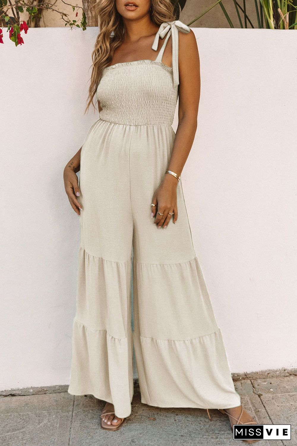 Apricot Tie Straps Shirred Bodice Tiered Wide Leg Jumpsuit