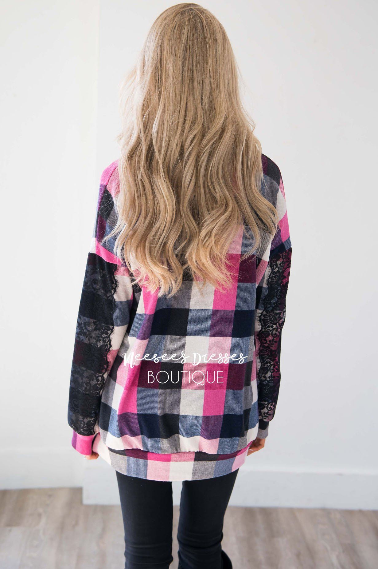 Bright Pink & Black Plaid Lace Sleeve Sweater