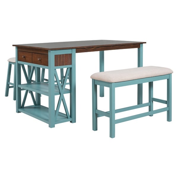 4-Piece Dining Table and Chair Set Counter Height with Storage Rack and Drawer with 2 Stools and Benches for Kitchen