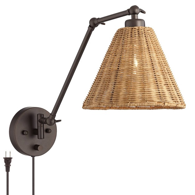 Light Fixture Swing Arm Adjustable Natural Rattan Shade For Bedroom Reading Living Room House