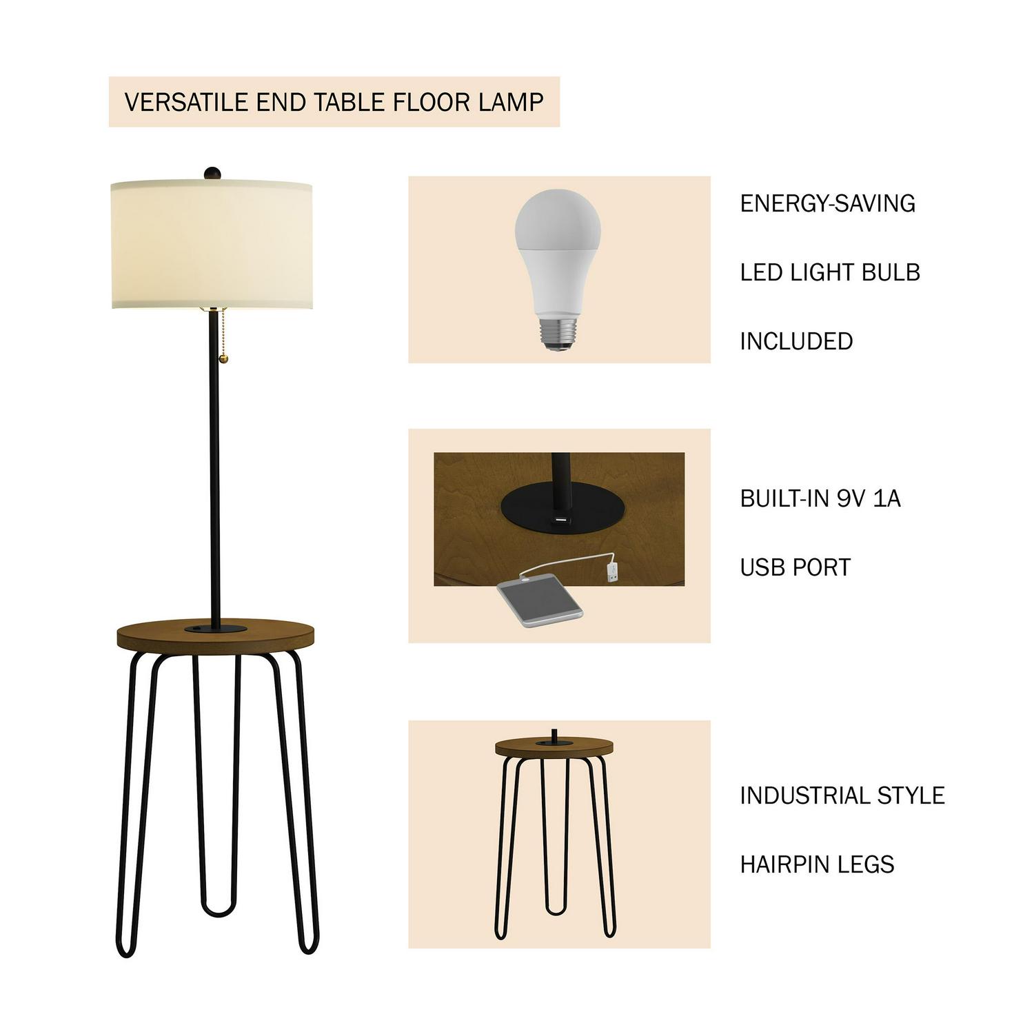 Lavish Home Floor Lamp with Table， USB Port， and Hairpin Legs a Standing Light with Shelves