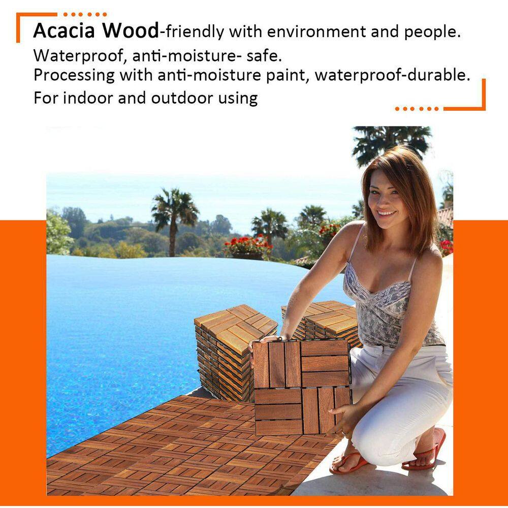 GOGEXX 12 in. x 12 in. Square Acacia Wood Interlocking Flooring Tiles Checker Pattern in Brown(Pack of 10 Tiles) DW-Z-G46