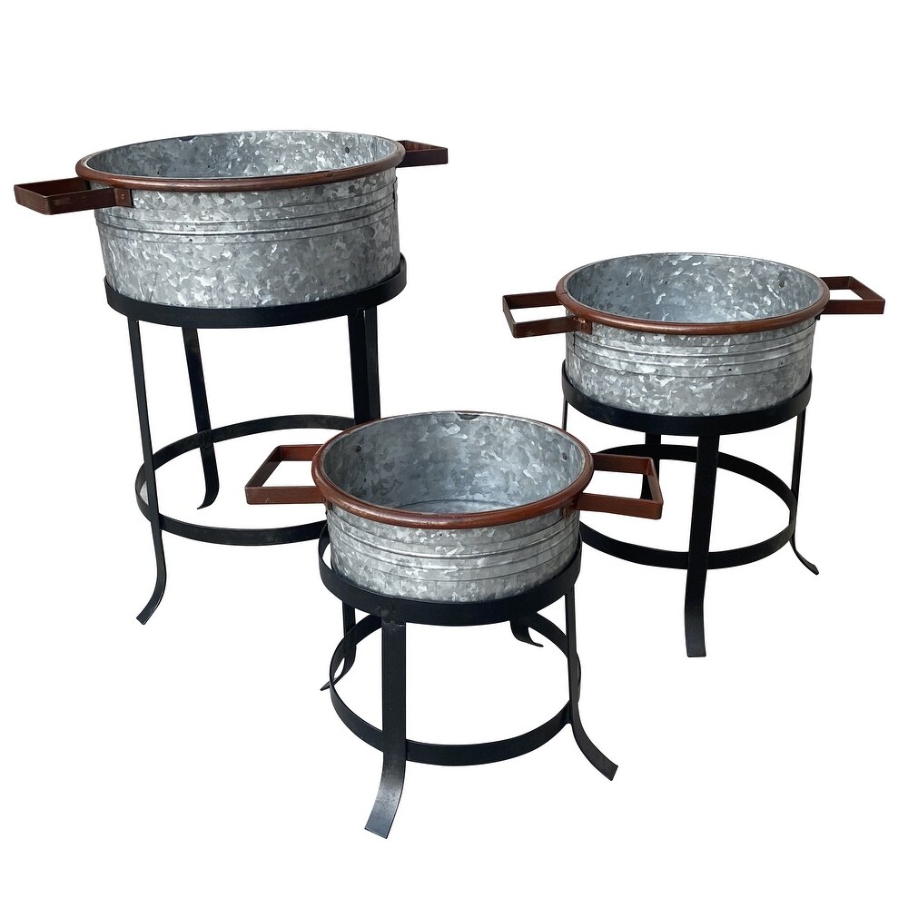 21  18  and 16 Inch 3 Piece Round Tub Metal Planter Set with Stand in Galvanized Gray and Black Iron